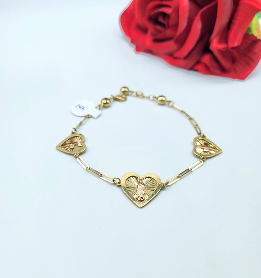 Pulsera de La Virgen de Guadalupe en Corazones en Oro Italiano 14K