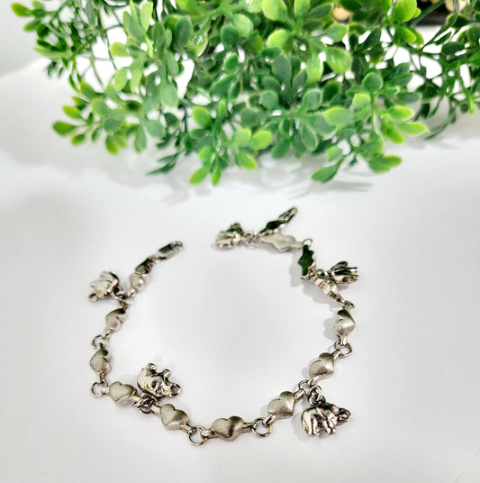 Pulsera de Corazones y Elefante en Oro Blanco Italiano 14K
