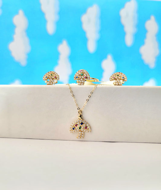 Set para niña, gargantilla, anillo y aritos  hongo oro 14k