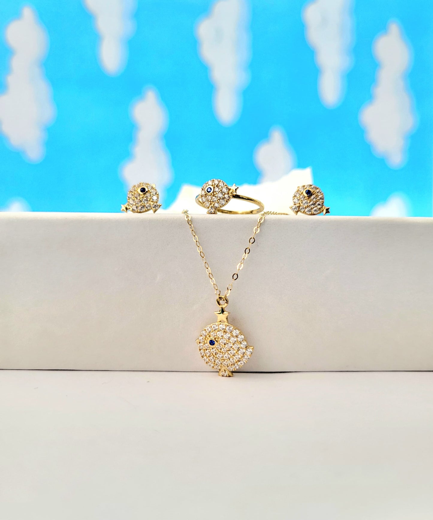 Set para niña, gargantilla, anillo y aritos bird oro 14k