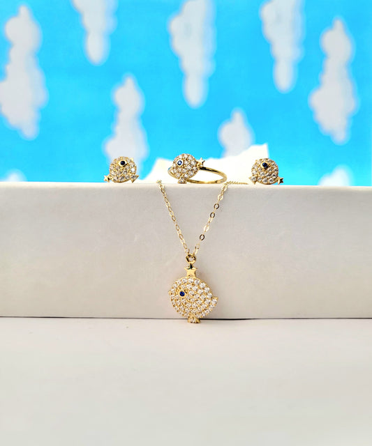 Set para niña, gargantilla, anillo y aritos bird oro 14k