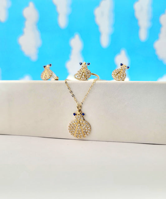 Set para niña, gargantilla, anillo y aritos  oro 14k