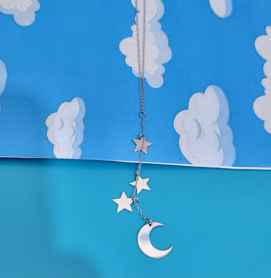 Gargantilla Luna y estrellas colgantes oro blanco 10k