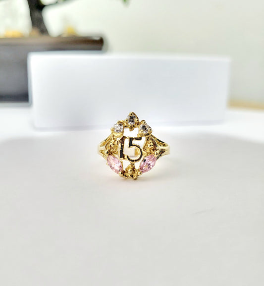 Anillo de Oro 14K “15 Años” con Piedras Rosadas y Circonias