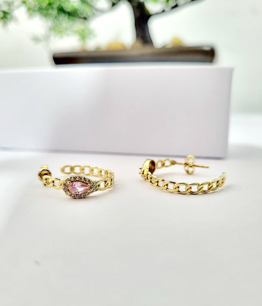 Aretes de Oro 14K Diseño Cadena con Gota Rosada