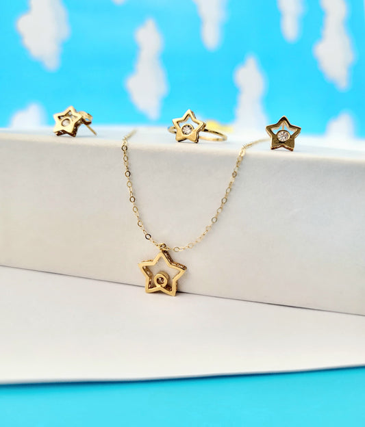 Set para niña, gargantilla, anillo y aritos estrella oro 14k